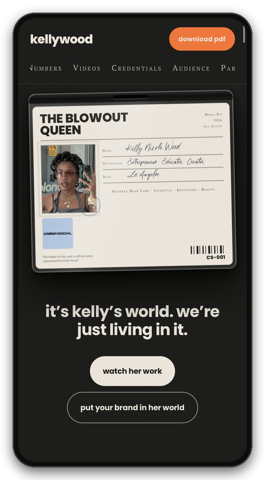 Kelly Wood media kit website on a phone